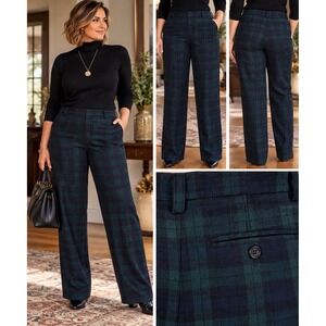 Jones New York Country Pants Women 16 NWT Wool Navy Green Black Watch Plaid